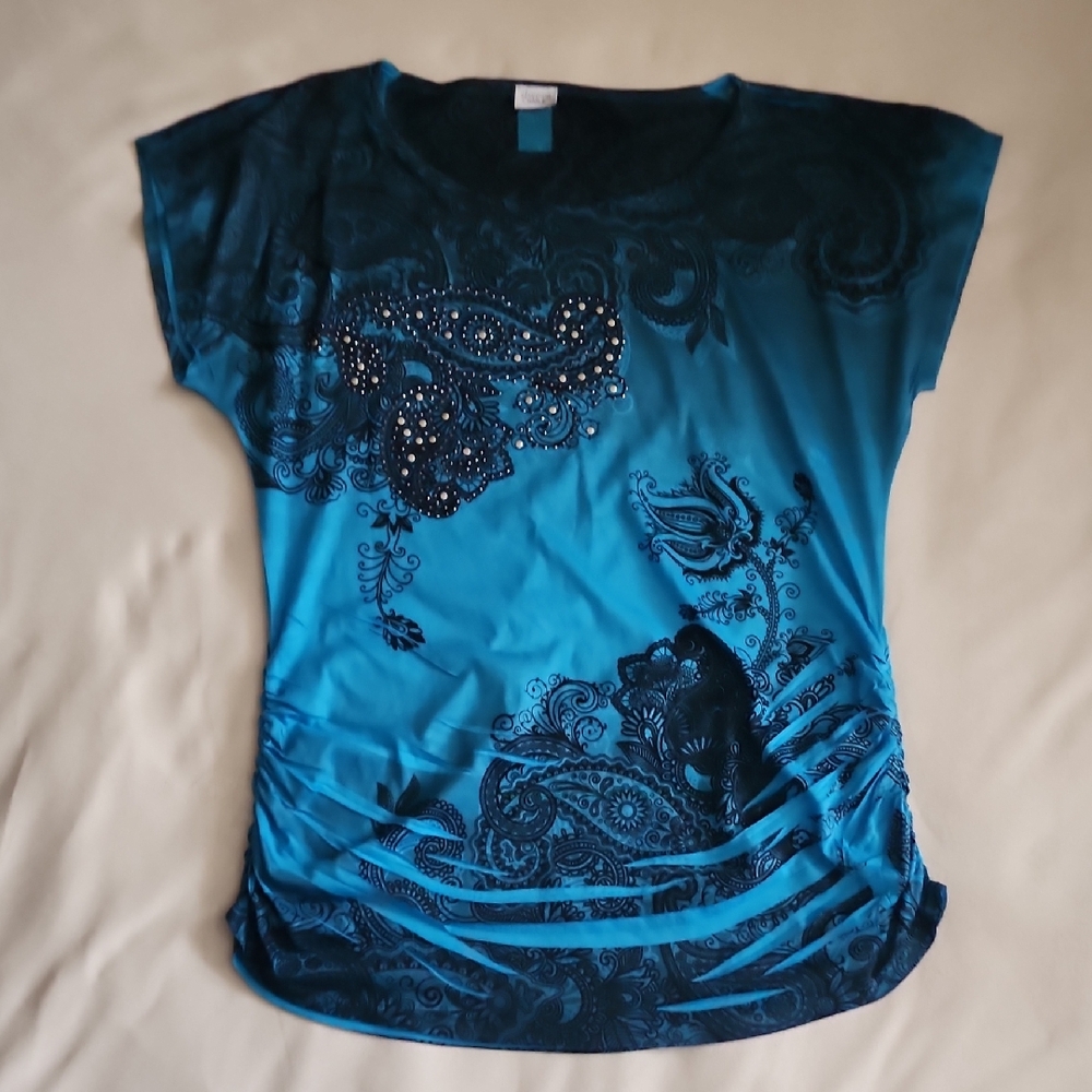 Charming Charlie Blue Embellished Cap Sleeve Tee